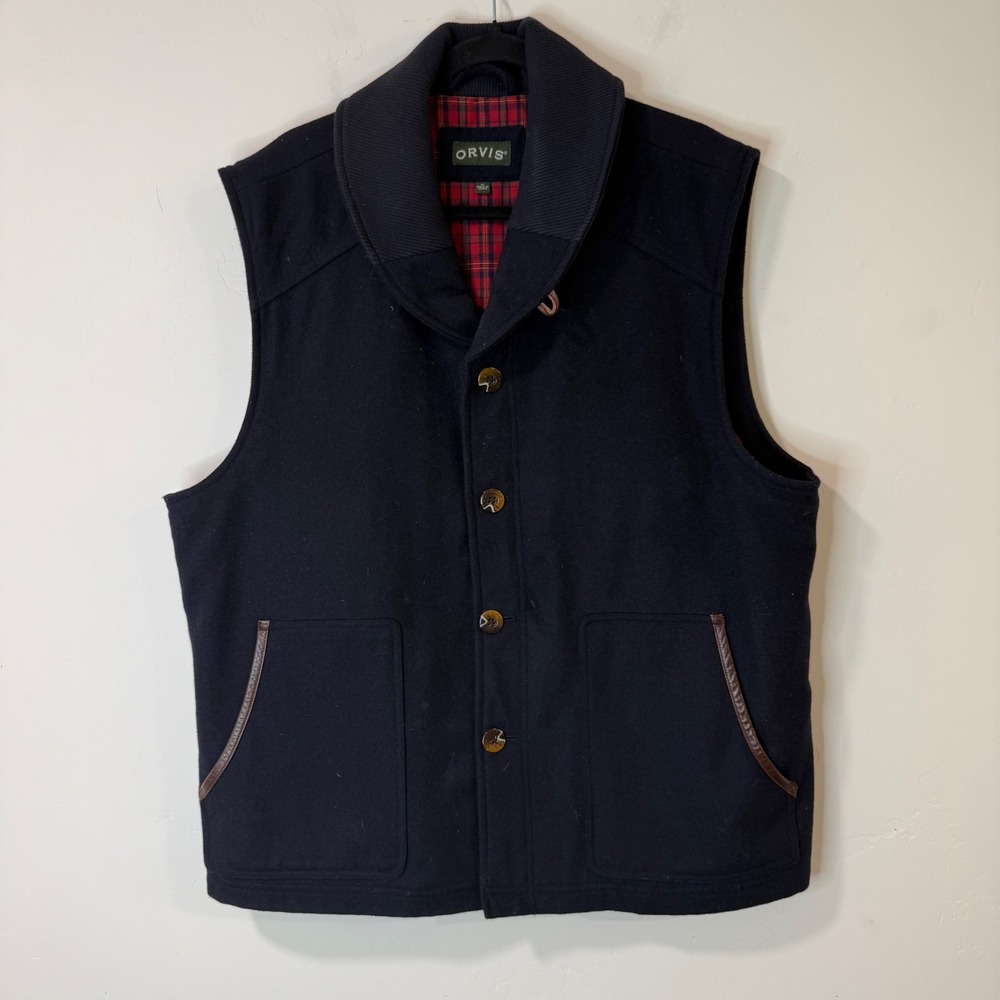 Orvis Mens Wool Blend Shawl Collar Vest XL Navy Blue Excellent Plaid Lined